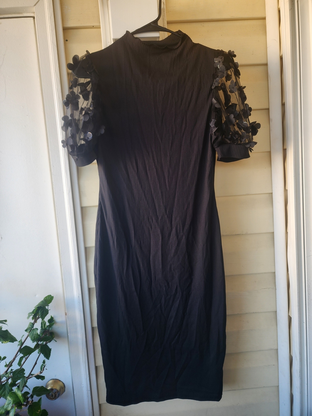 & Other Stories Black Midi Dress with 3D Floral Sleeves